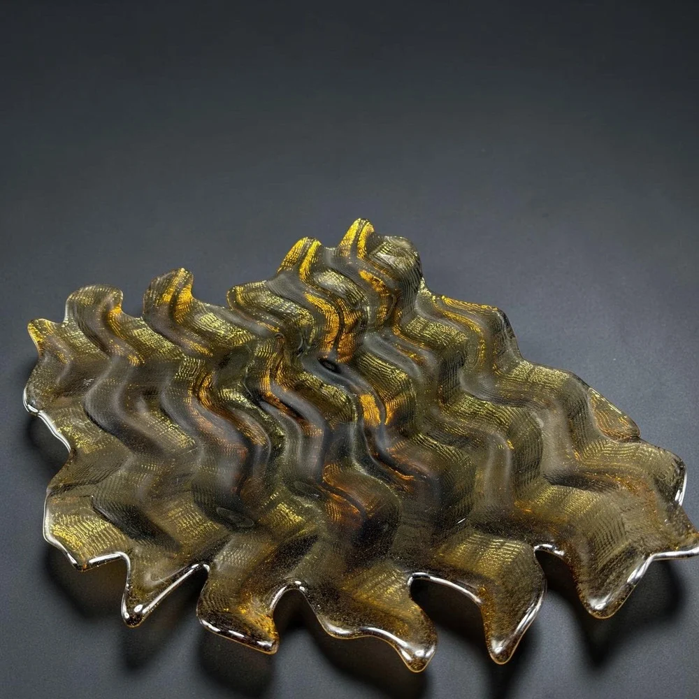 Hudson Beach Amber Gold Textured Wavy Art Glass Centerpiece Bowl 13in Blown